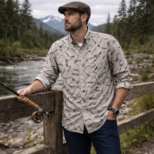 Columbia Fishing Lure Print Button Down Shirt XL | Cotton Angler Outdoor Gingham